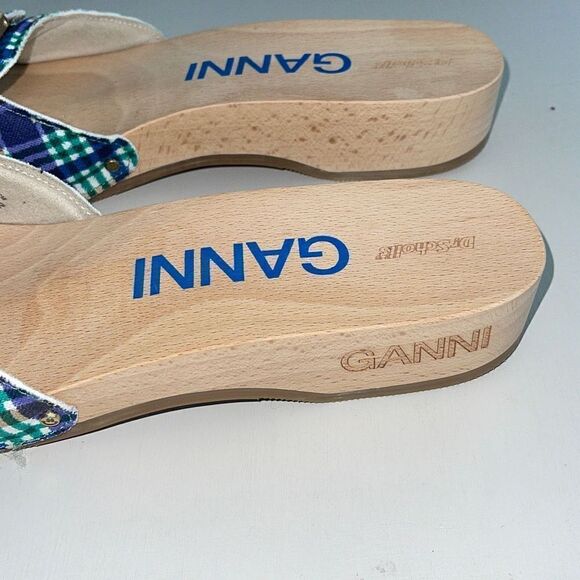Ganni Dr Scholl’s Wooden Clogs in Check Blue Iris Size 10 New - Picture 5 of 11